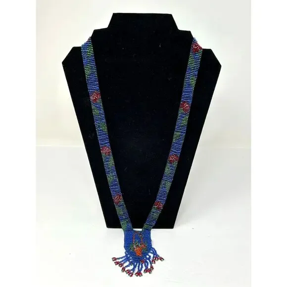 VTG Costume Jewelry Necklace Micro Glass Beads Floral Geometric Boho Hippie - Picture 1 of 6